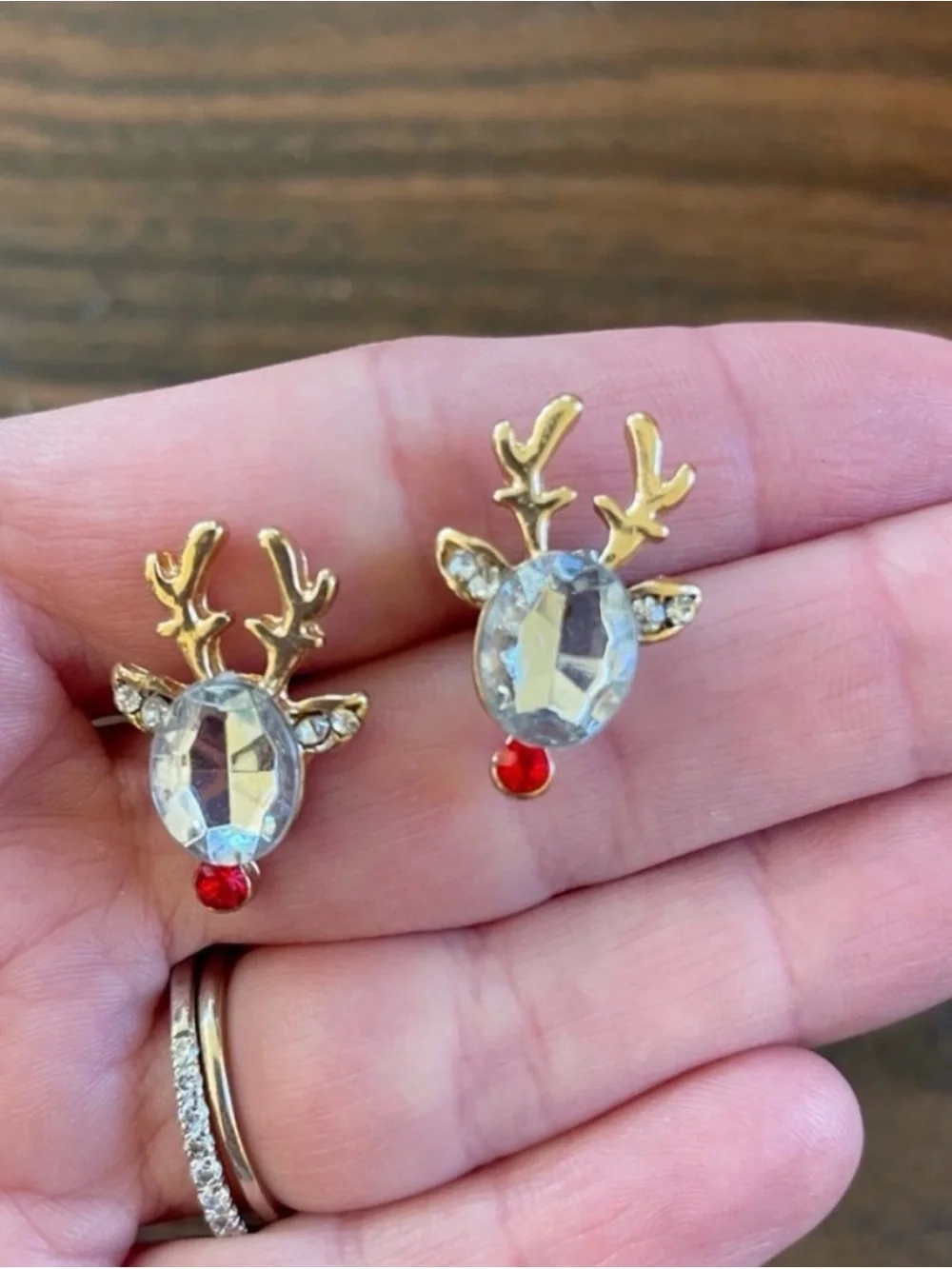 Gold Reindeer Crystal Stud Earrings with Red Accent
